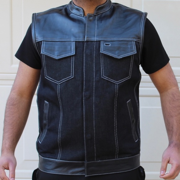 Men’s Motorcycle Leather And Denim Concealed Carry Vest - Picture 2 of 8